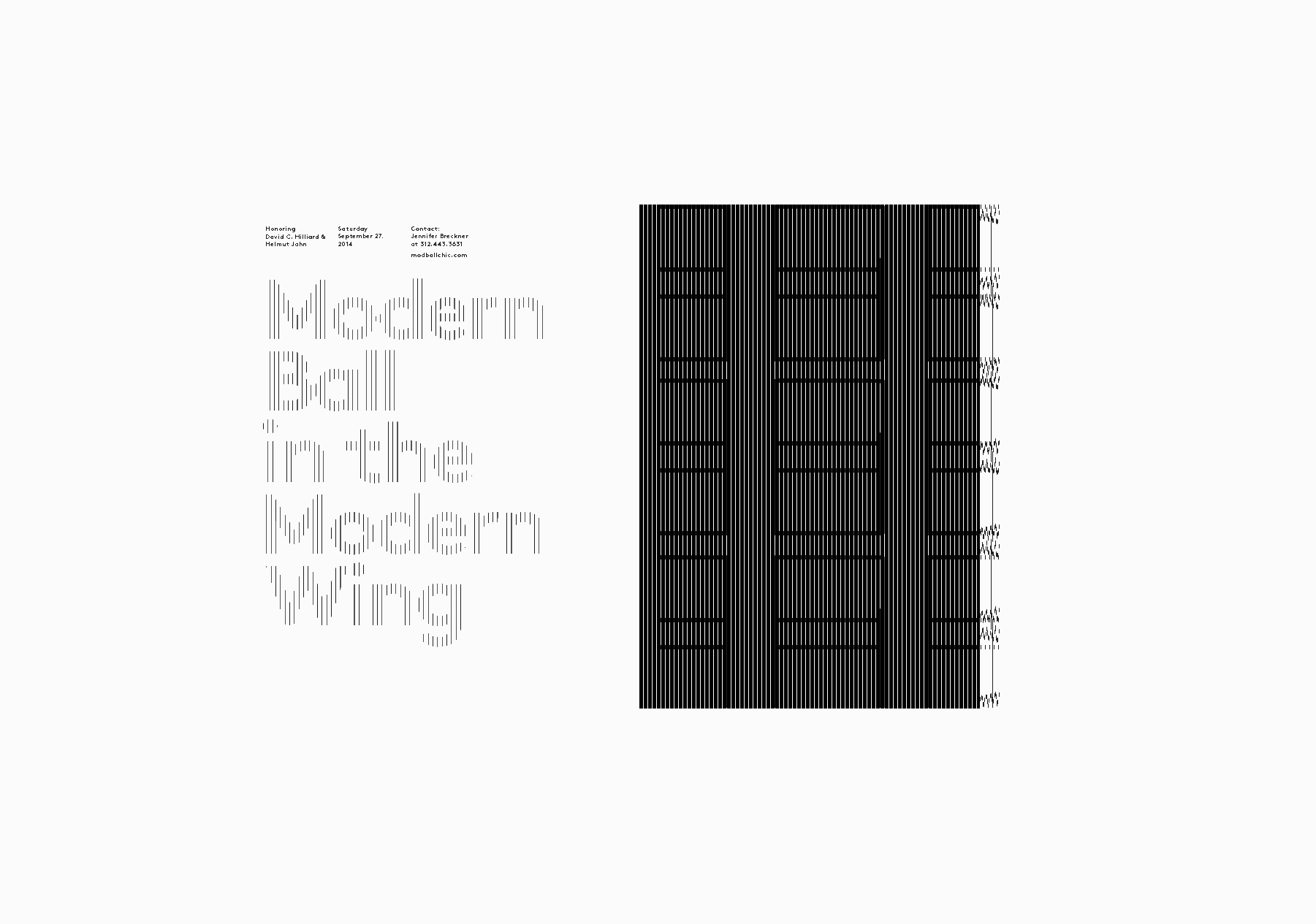Graphic design with text "Modern Ball in the Modern Wing" and vertical lines. Right side features a pattern of black vertical lines forming rectangles. White background provides contrast.