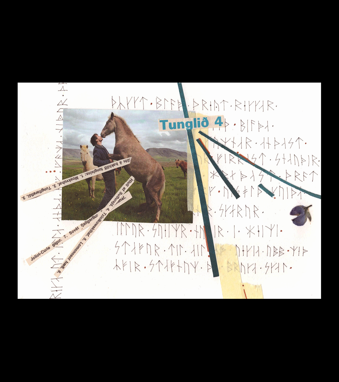 A collage featuring a person and a horse touching noses in a grassy field, with other horses in the background. Surrounding the photo are decorative elements including text in a stylized script, torn paper strips, and abstract shapes.