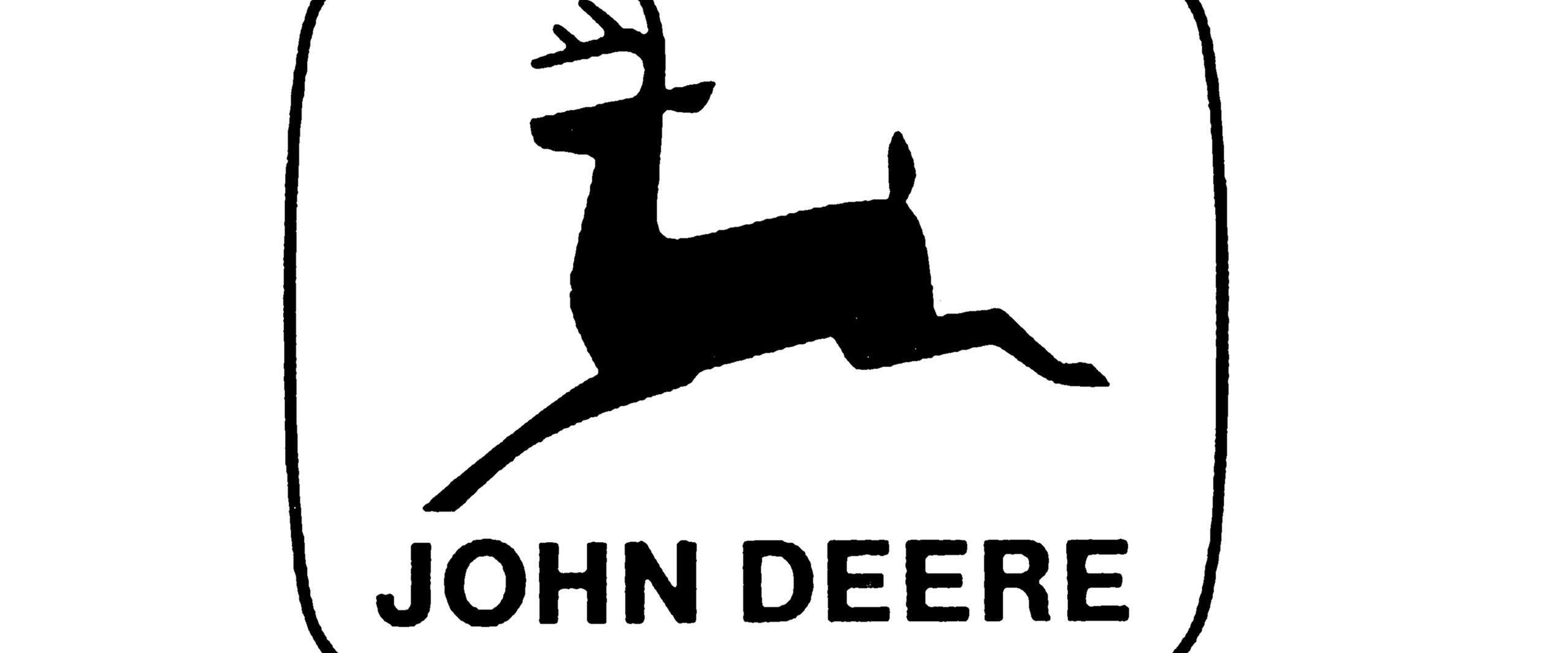 Black silhouette of a leaping deer inside a rounded square, with "JOHN DEERE" written below.