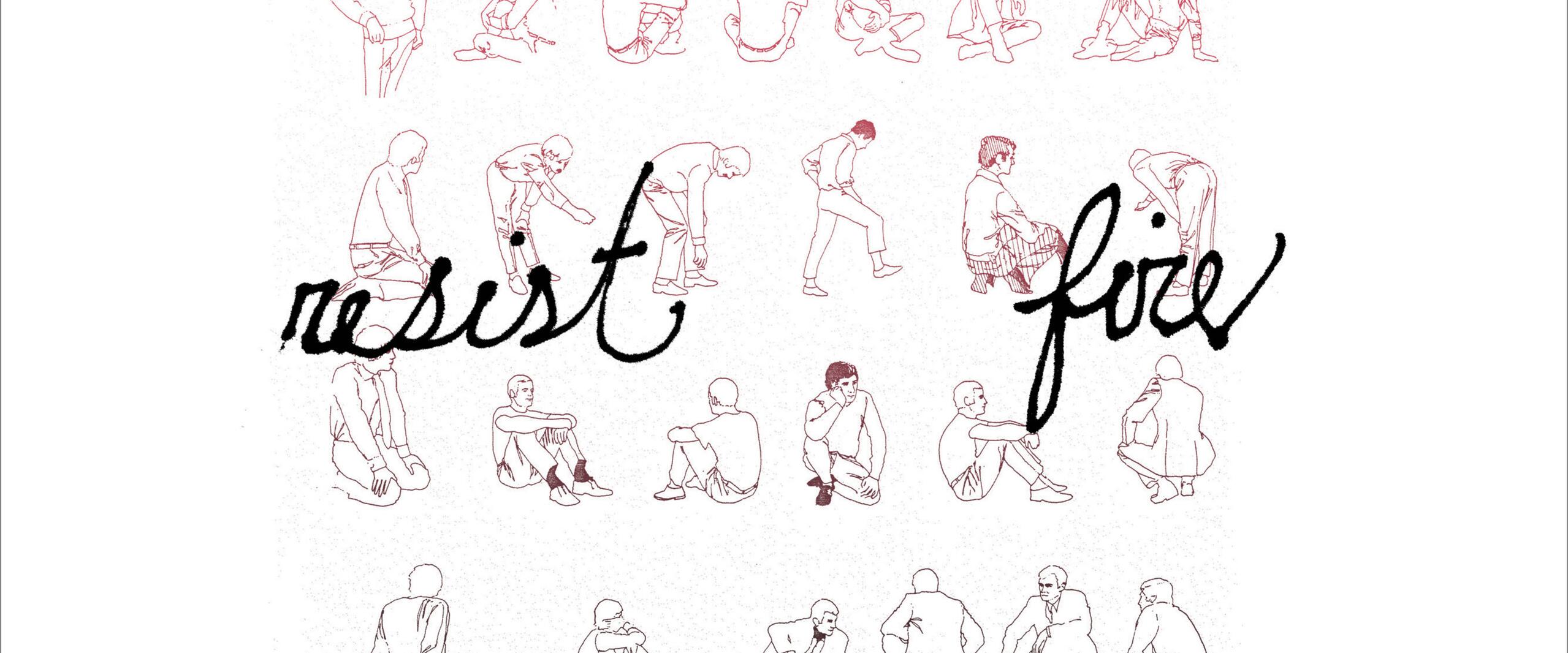 Line drawing of various seated and standing figures in red ink, with "resist" and "free" in bold cursive across the center.