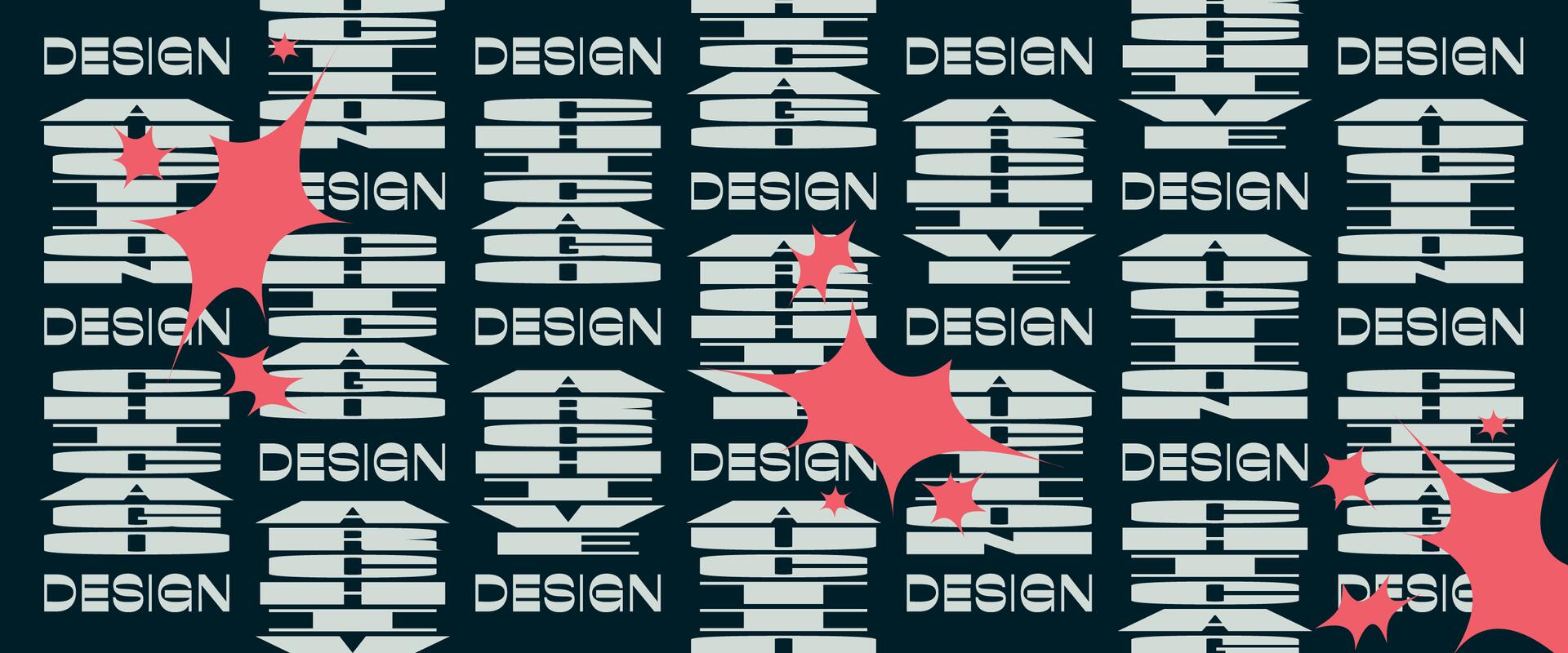 Repeating text pattern featuring the words "DESIGN CHICAGO ARCHIVE" in a modern font, interspersed with abstract red starbursts against a dark background.