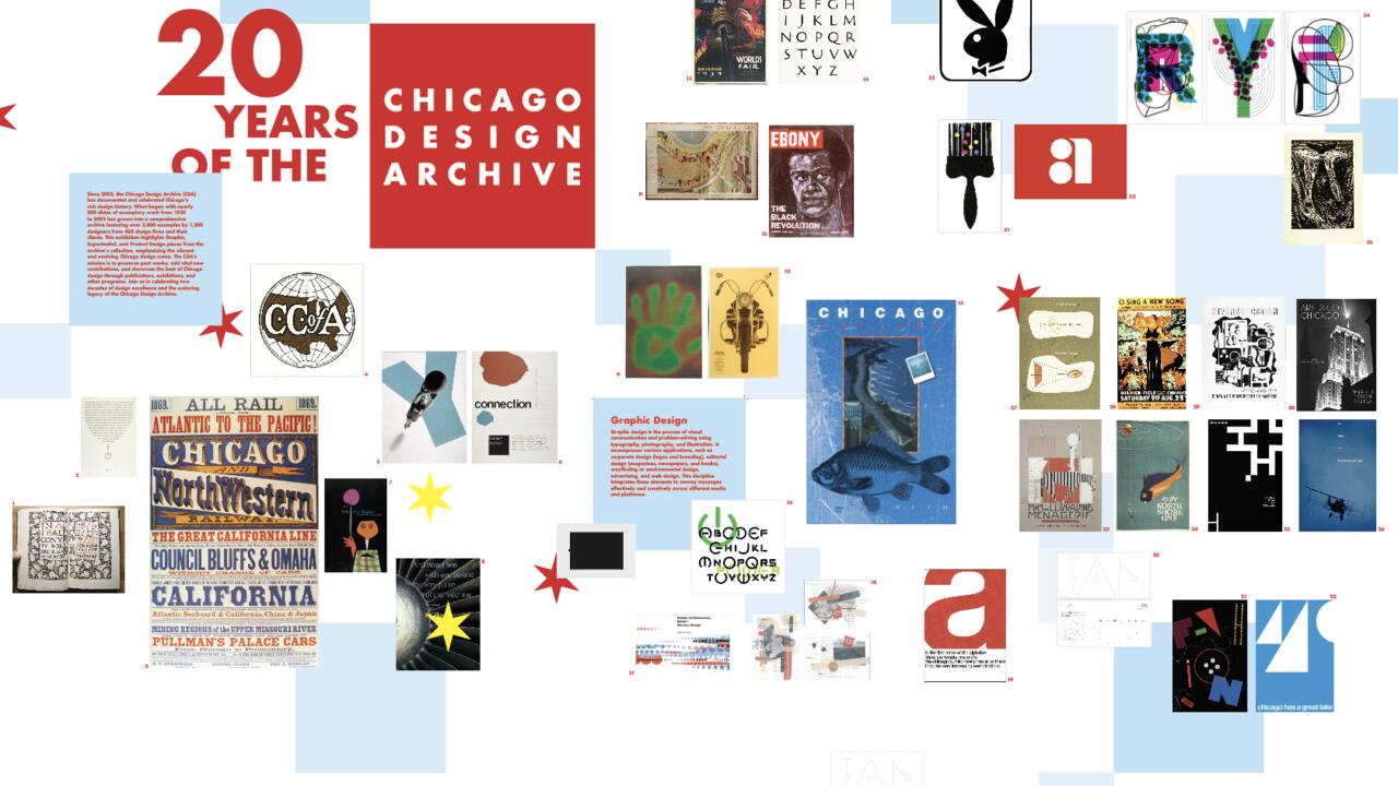 Collage celebrating "20 Years of the Chicago Design Archive" with assorted vintage posters, logos, and graphic designs, featuring diverse styles and vibrant colors, interspersed with star motifs and text.