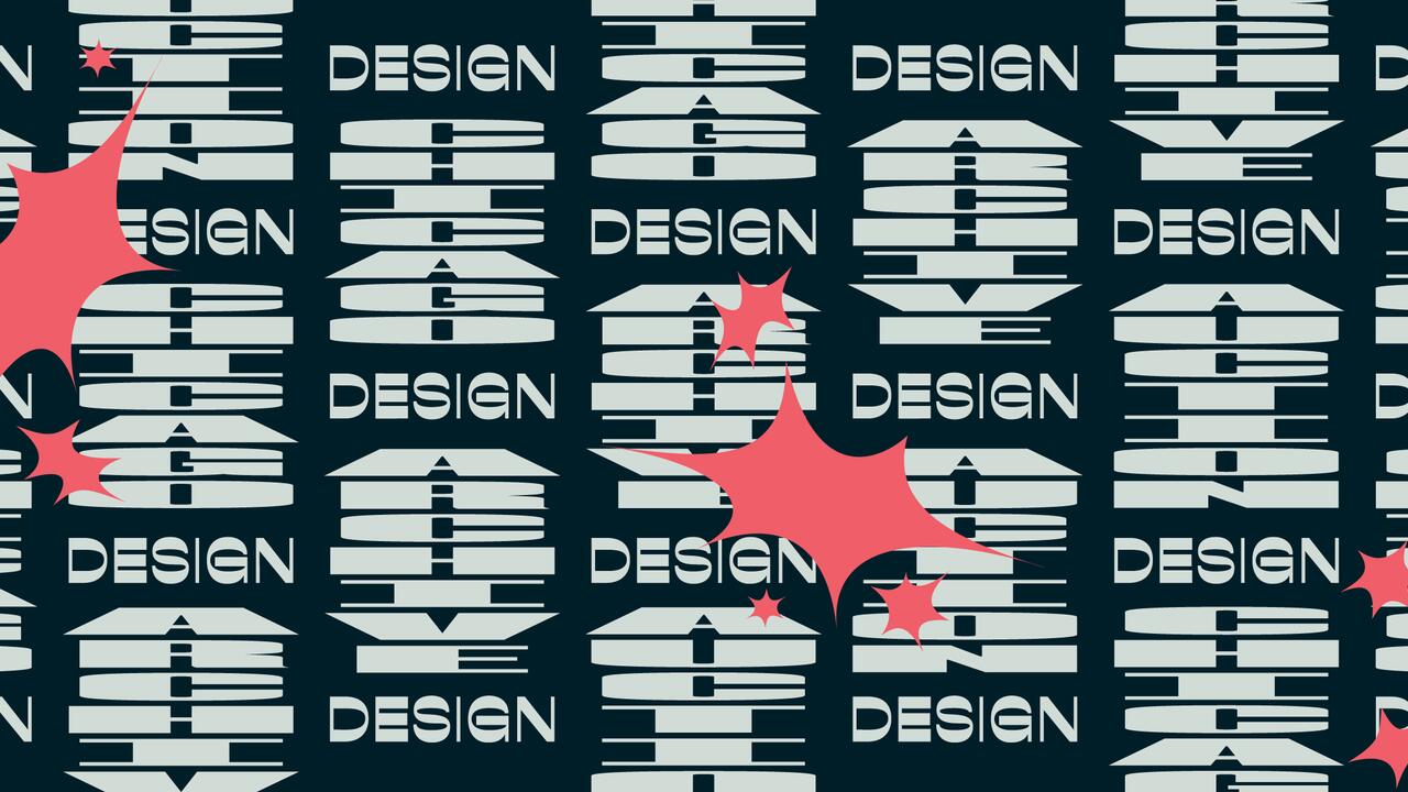 Repeating text pattern featuring the words "DESIGN CHICAGO ARCHIVE" in a modern font, interspersed with abstract red starbursts against a dark background.