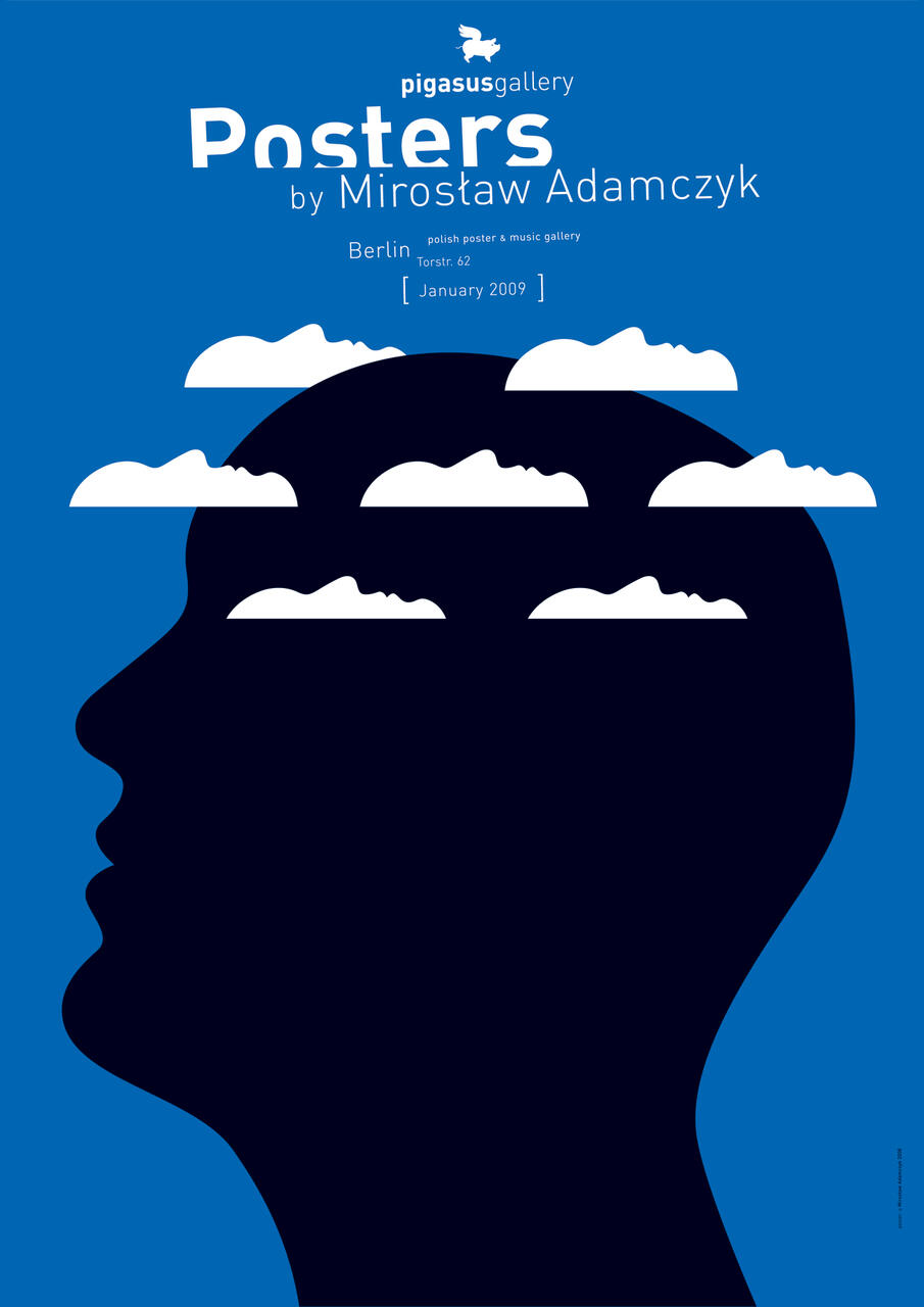 Silhouette of a head filled with scattered white clouds against a blue background, with text overlay featuring gallery and exhibition details.
