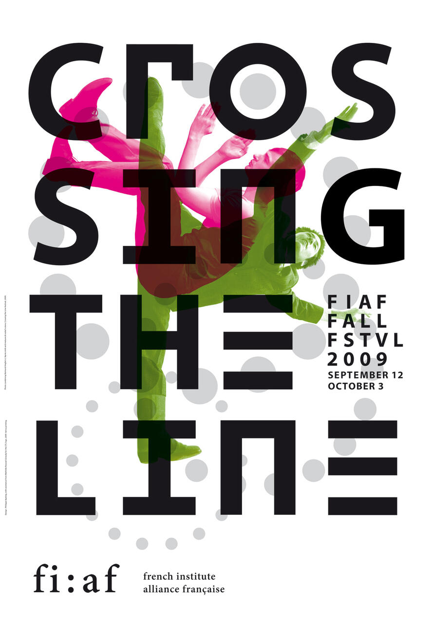 Abstract graphic with overlapping silhouettes in green and pink of dancers among large black letters spelling "Crossing the Line." Gray circles are scattered around the text, with event details on the right side.