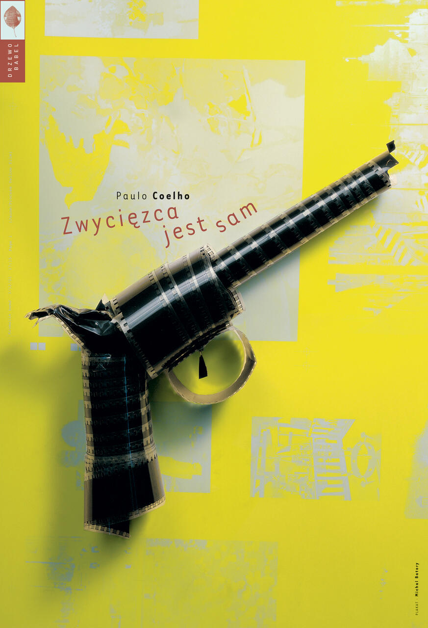 A handgun made of black film rolls on a bright yellow background with abstract white shapes and text in a foreign language.