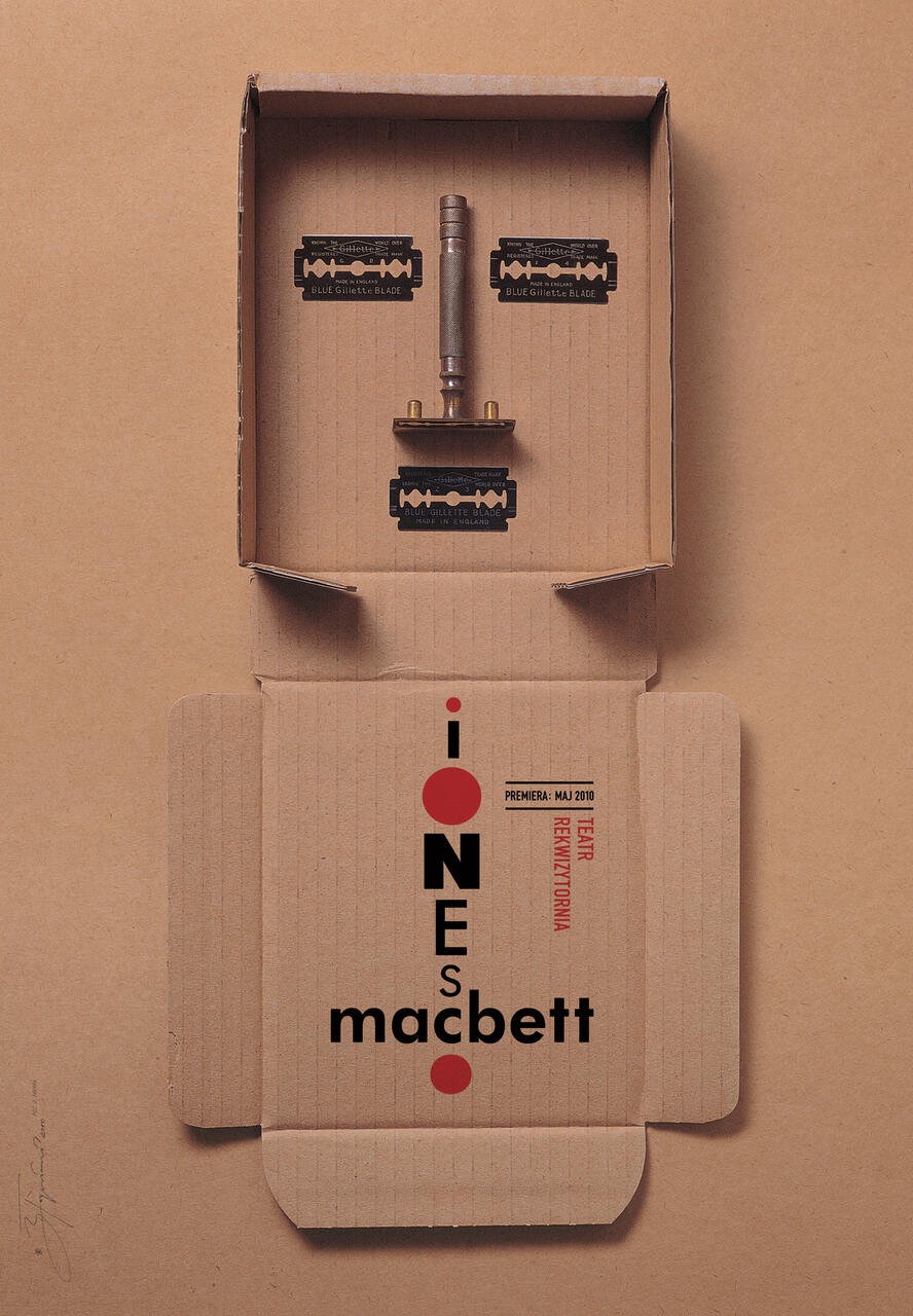 Cardboard box with razor blades forming a face, text overlay "ionesco macbett," styled with red and black typography.