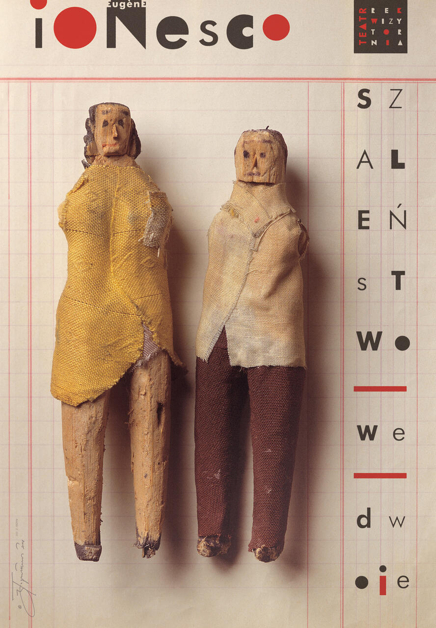 Two wooden figures with distressed fabric clothing, one in yellow and the other in beige and brown, set against a background resembling graph paper with vertical and horizontal lines.