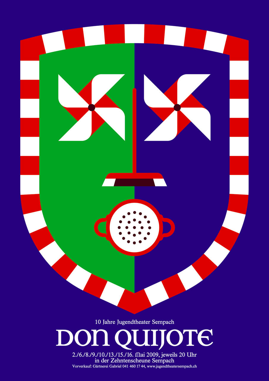 Colorful geometric poster for "Don Quijote" with a shield design featuring abstract windmills and a sieve, framed with a red and white border on a blue background. Text below provides event details.