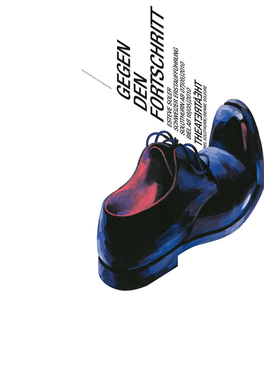 Illustration of a blue and red shoe with slanted black text in German, against a white background.