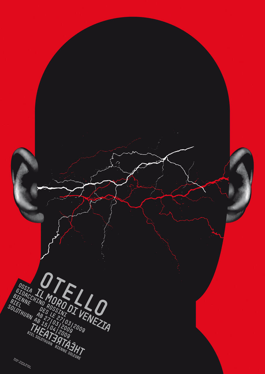 Silhouette of a head with visible ears against a red background, intersected by jagged white and red lines resembling lightning. Text overlay in bold fonts at the lower left corner.