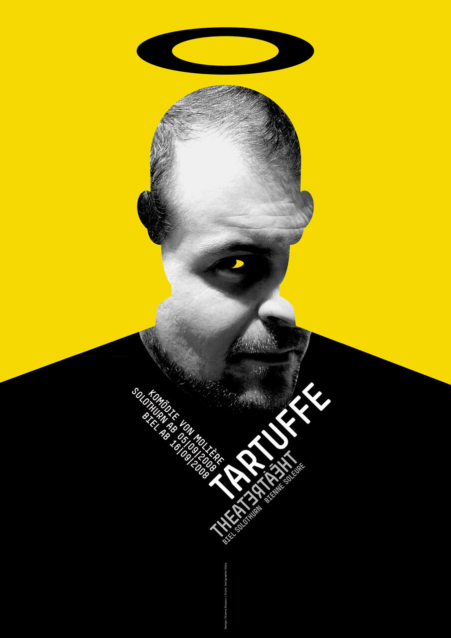 Black and white photo of a man with a halo graphic above his head, set against a bright yellow background. The text "Tartuffe" is diagonally overlaid on his chest.