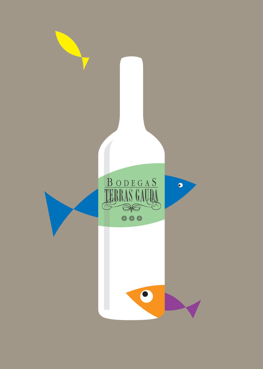 Illustration of a white wine bottle with a green label, surrounded by colorful, stylized fish on a gray background.