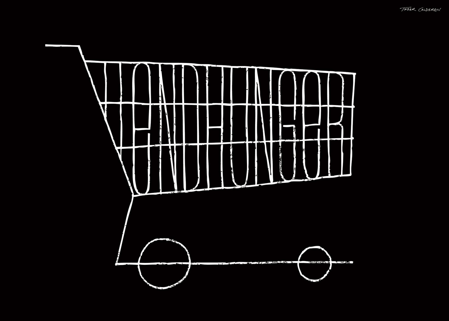 A minimalist logo of a shopping cart with the word "ENDHUNGER" forming the cart's basket, set against a black background.