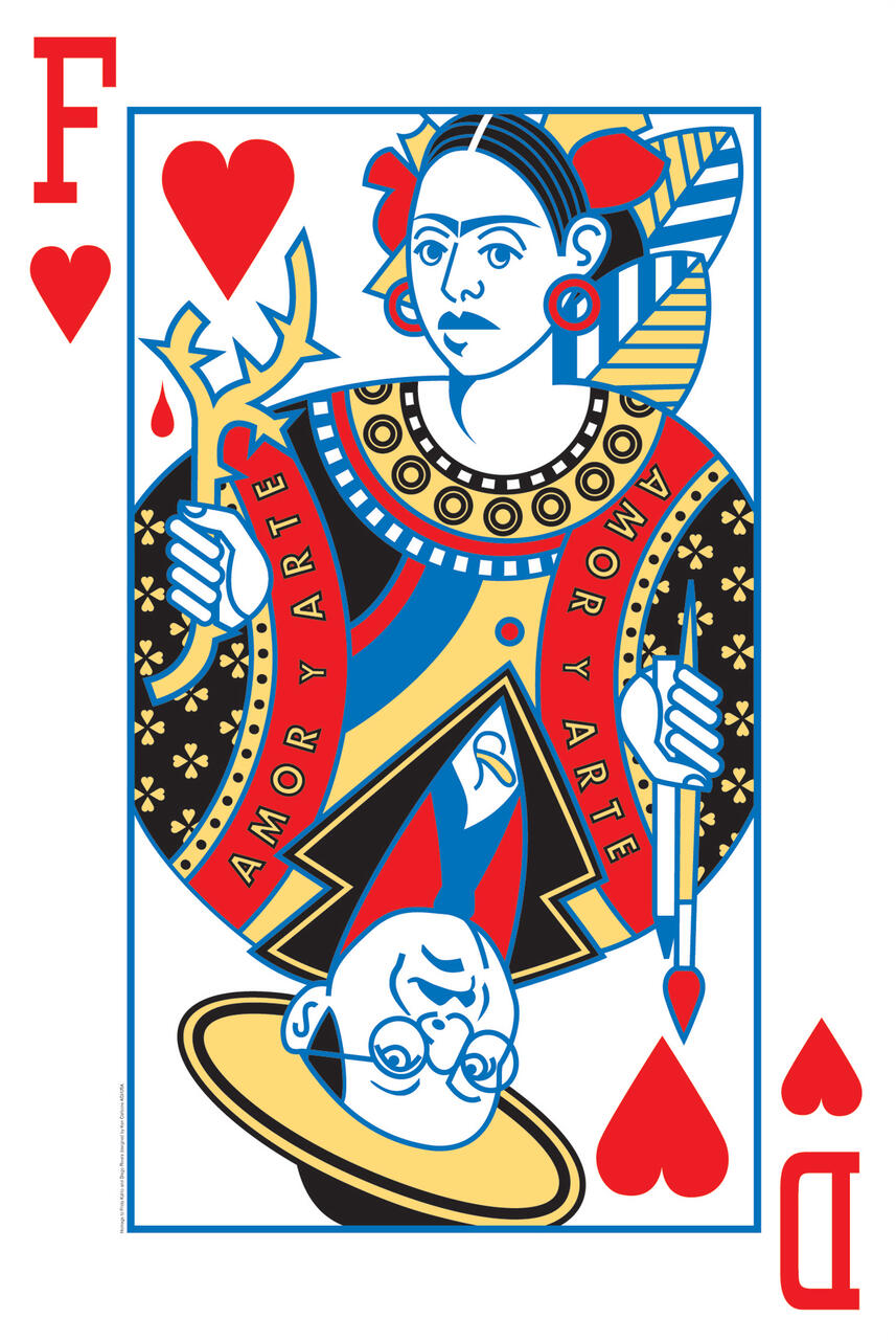 Stylized playing card featuring a woman and a man in vibrant colors. The woman holds a paintbrush and a heart-shaped object. The design includes the text "Amor y Arte" and heart symbols.