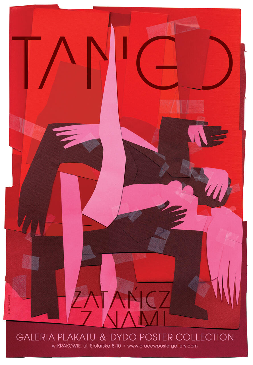 Abstract poster featuring stylized figures dancing in shades of red, pink, and black. The background consists of layered red rectangles, adding depth and texture. Text at the bottom indicates a gallery collection.