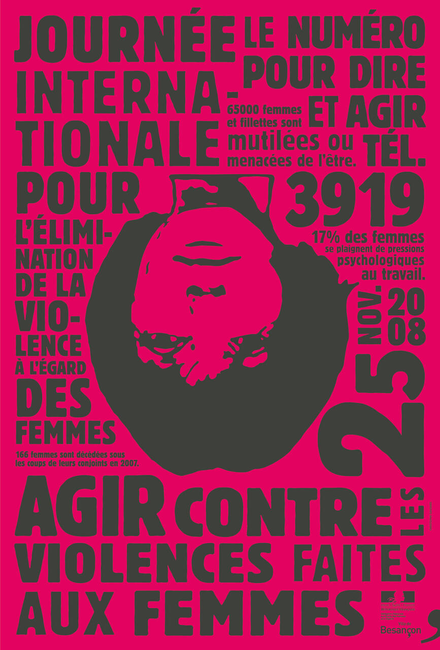 Pink and black graphic poster for International Day for the Elimination of Violence Against Women. Features text, a large "3919" phone number, and a stylized silhouette of a woman covering her face.