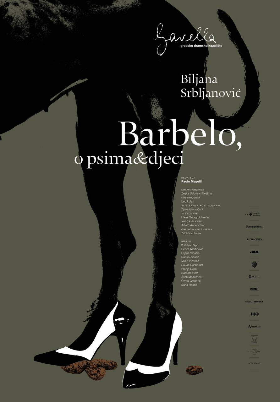 A black and white graphic poster featuring a dog's legs and tail. The dog is wearing black high heels, surrounded by small brown objects resembling stones or pieces of food. Various text and logos are overlaid.