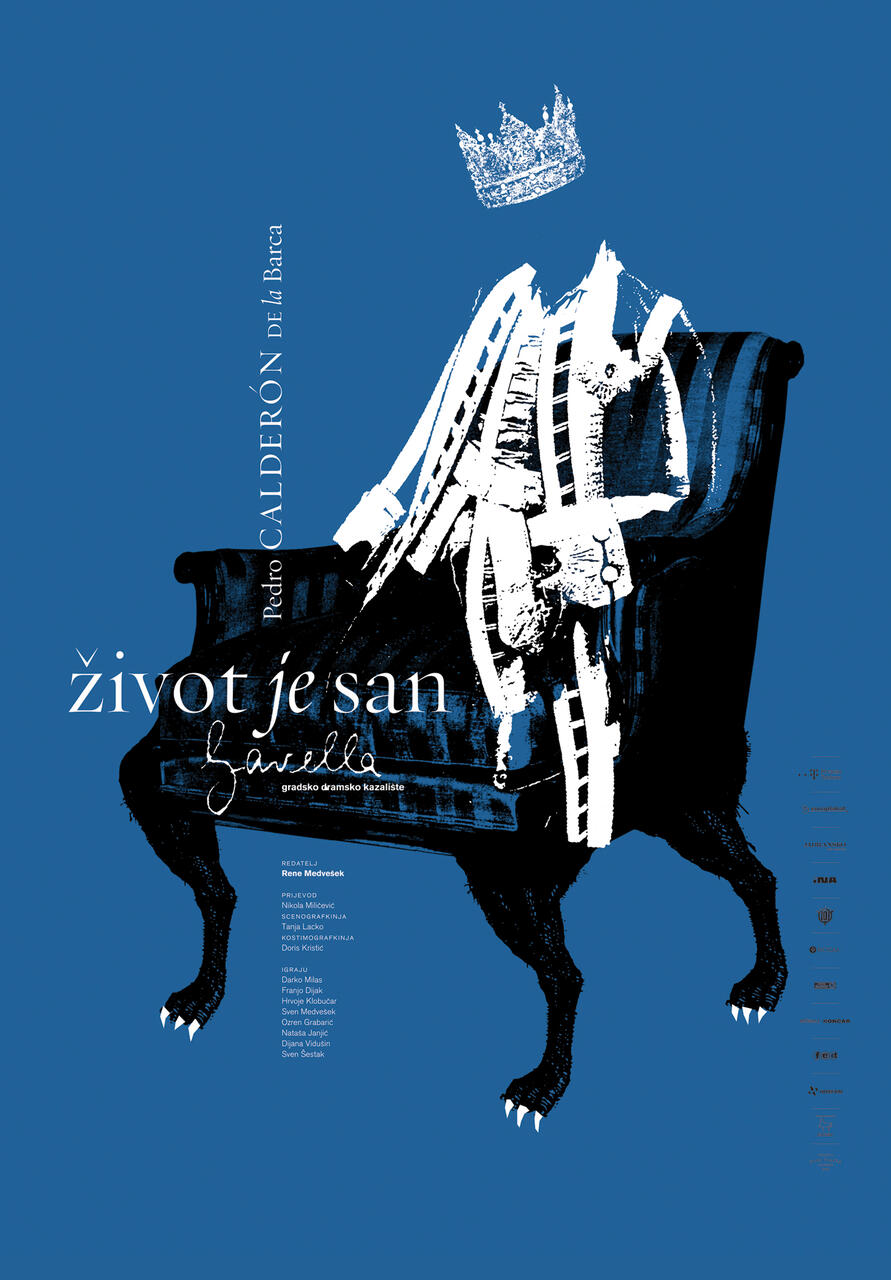A surreal graphic of a headless figure wearing a crown and a suit with animal legs sitting on a chair against a blue background. Text in a stylized font.