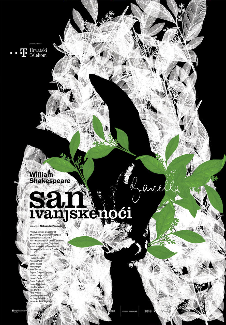 Abstract graphic with dense white foliage on a black background, featuring a black silhouette of a figure surrounded by vibrant green leaves. Text includes "William Shakespeare" and other script in Croatian.