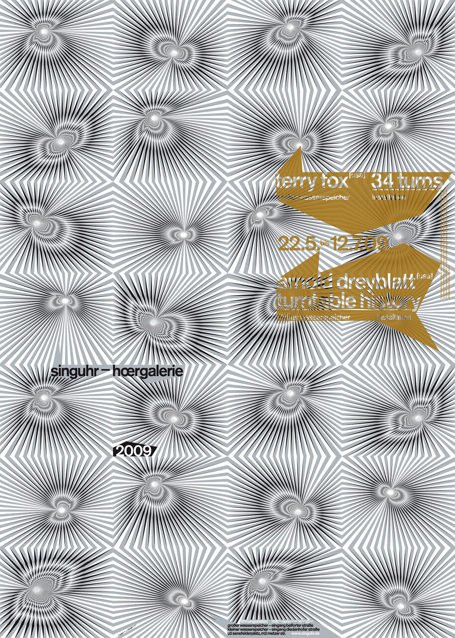 Abstract geometric pattern with black and white starburst designs repeated across the image. Gold and white text overlays the pattern, organized in a dynamic layout with triangular shapes. Decorative art poster style.