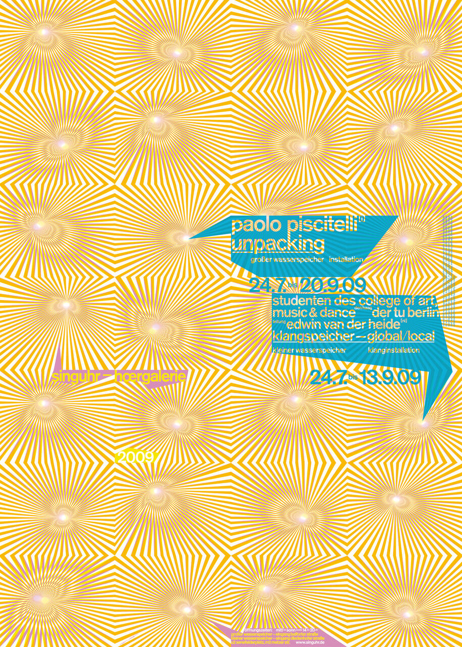 Yellow geometric pattern with hexagonal starburst shapes, each with a light pink center, overlaid by blue and pink text details about an art installation.