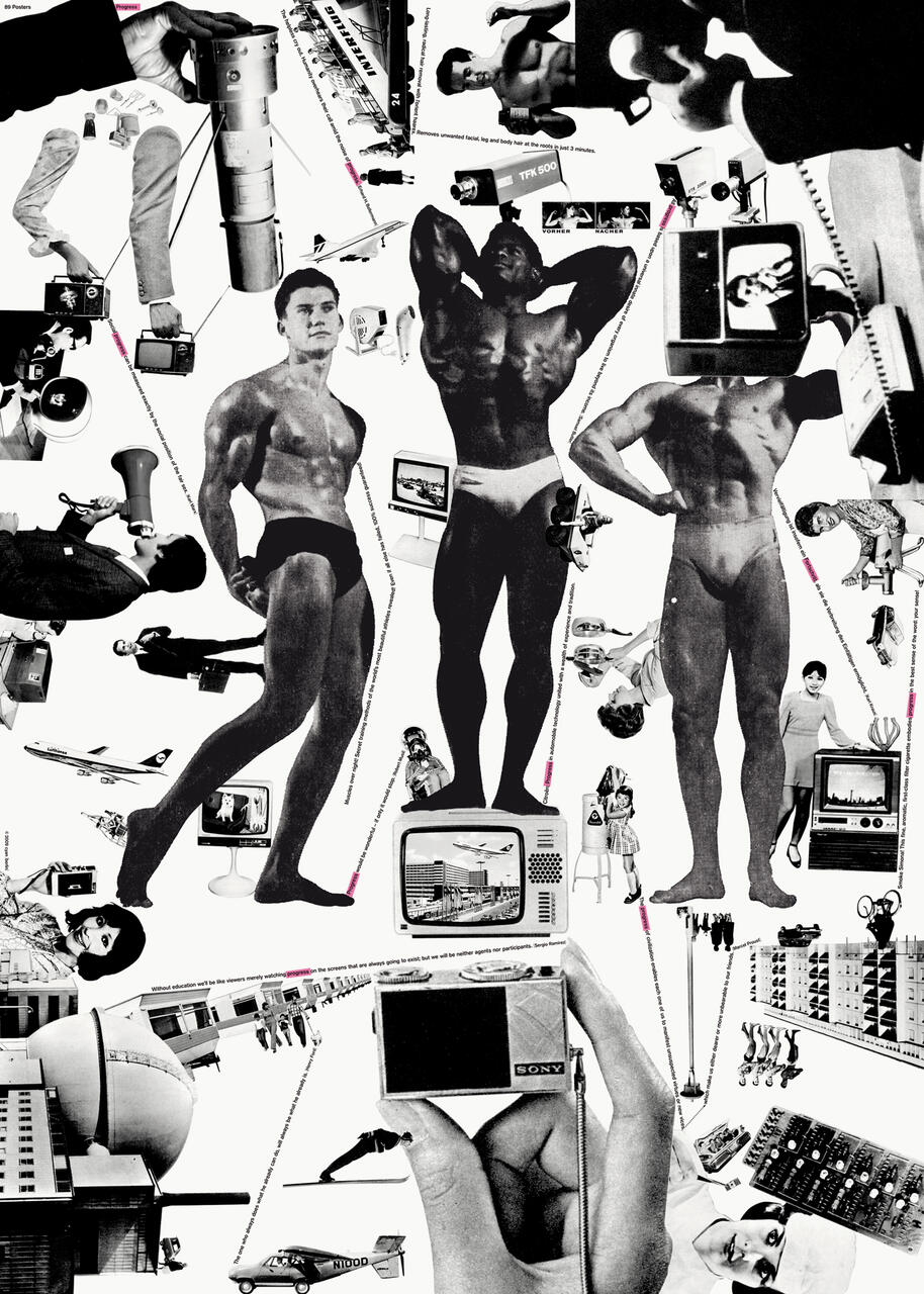 A collage featuring black and white images of bodybuilders, vintage electronics, airplanes, buildings, and various people, blended in a surreal arrangement.