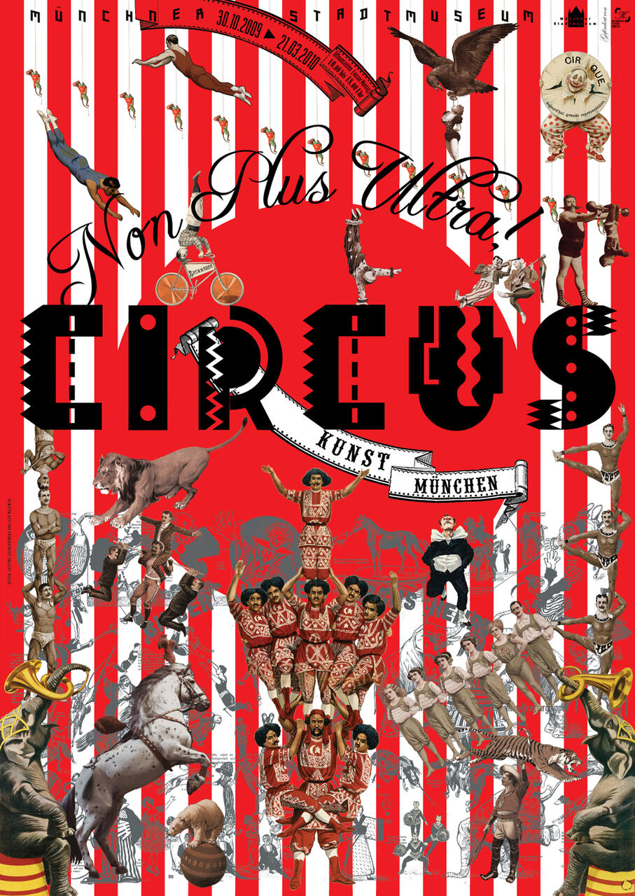 Surreal circus-themed collage on red and white striped background with acrobats, animals, and performers arranged around bold, stylized text.
