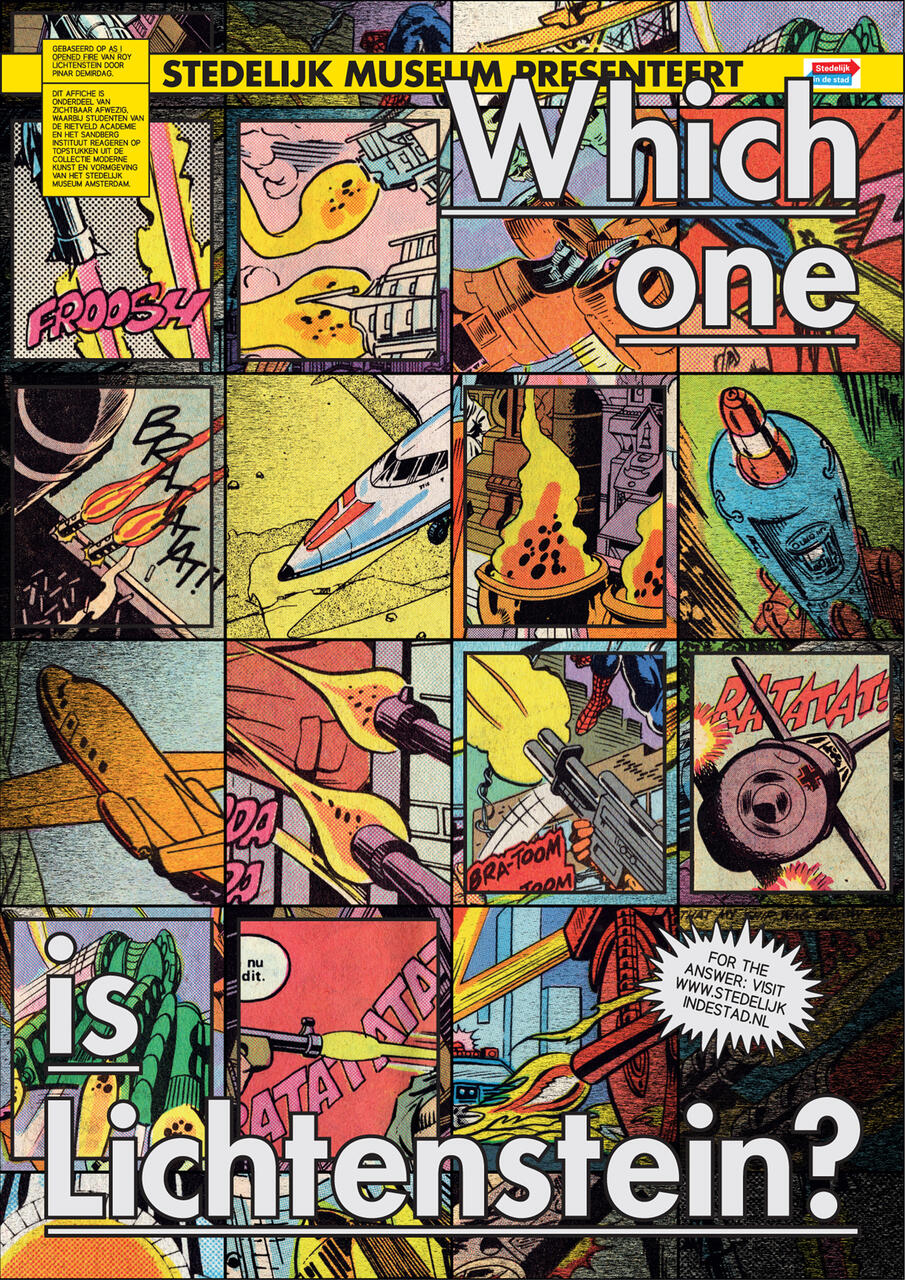 Comic book collage with vibrant panels featuring action scenes of spaceships, explosions, and weapons. Bold text overlays the collage, highlighting a question about artist Roy Lichtenstein. The style mimics pop art.
