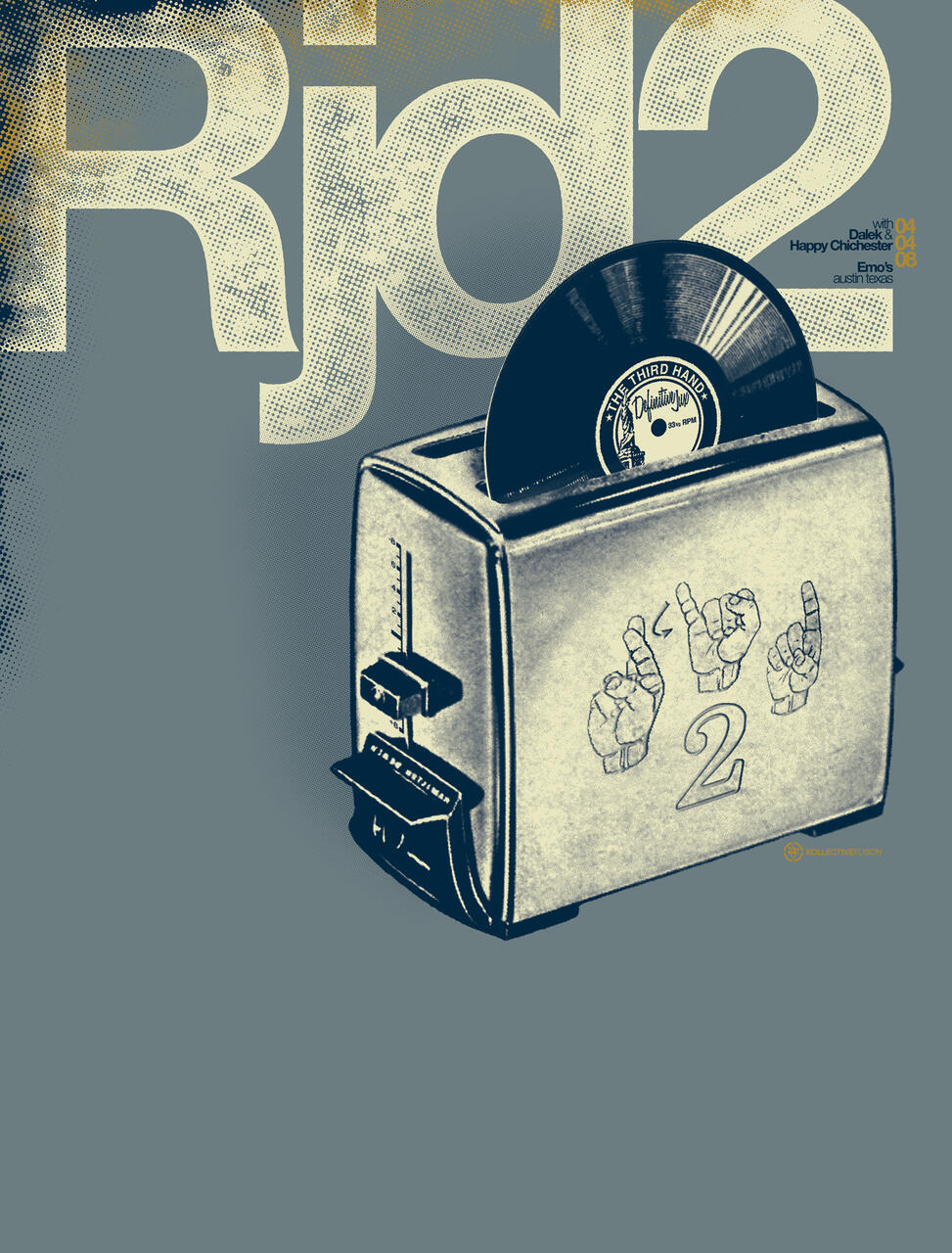 Stylized graphic of a toaster with a vinyl record popping out, featuring a retro design. Large "Rjd2" text dominates the background, with subtle blue and yellow tones.