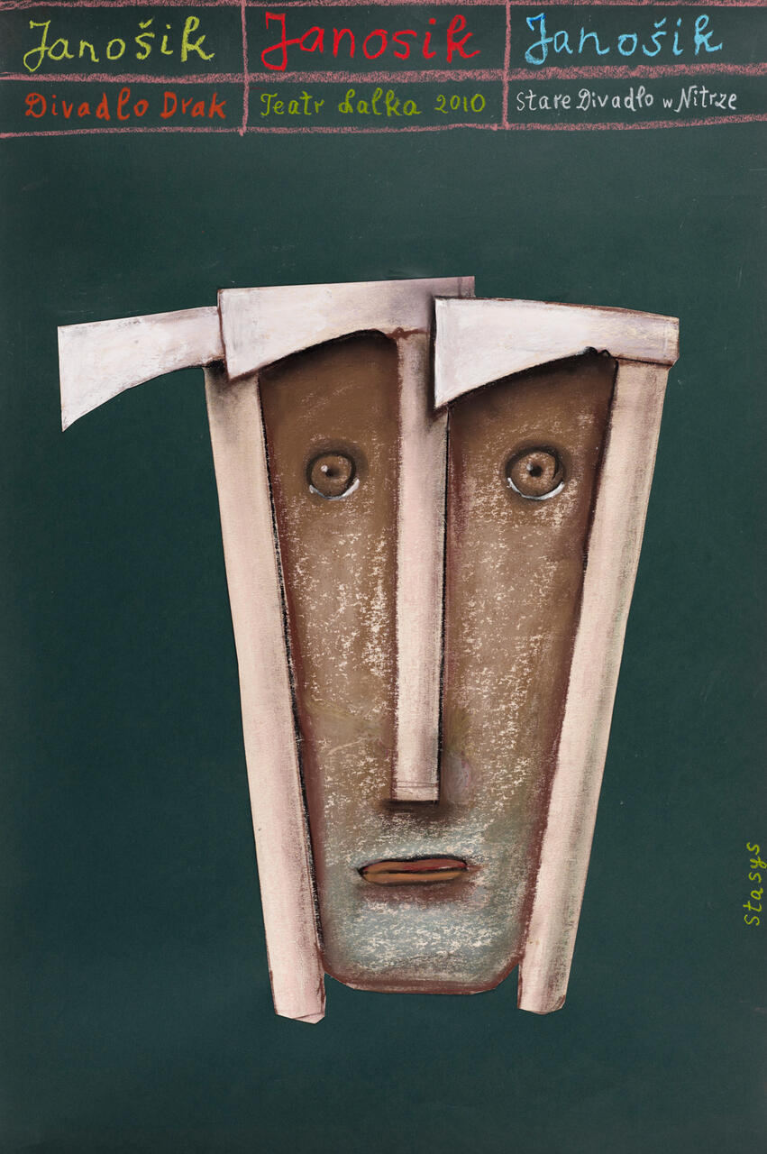 Stylized face with closed profile, eyes, and mouth, formed by overlapping axes on a green background. Decorative graphic poster design.