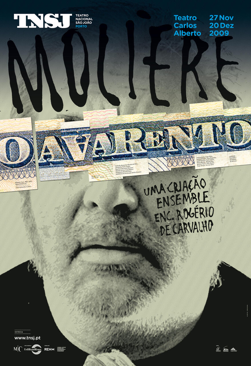 Stylized graphic poster for "Molière's L'Avare" featuring the close-up of a man's face with handwritten and printed text. Bold lettering and textured background add artistic flair. Logos and event details are in the top corners.
