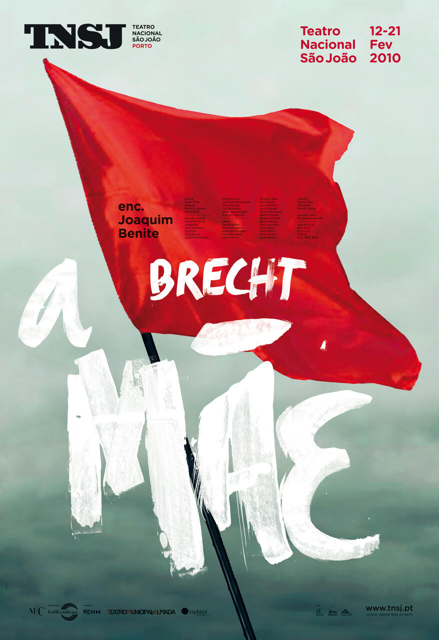 Red flag against a cloudy sky backdrop, with artistic white text overlay and theater branding details in black and red fonts.