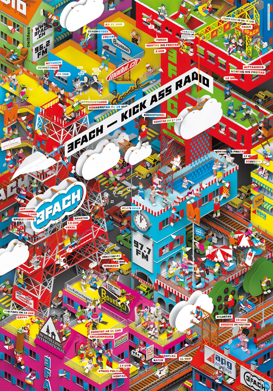 Colorful illustration of a bustling radio station complex with various cartoon characters, buildings, and equipment. Various activities are taking place on different levels with a large radio tower in the center. The scene is vibrant and busy.