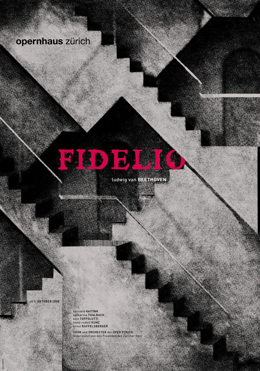 Abstract poster for "Fidelio" by Ludwig van Beethoven at Opernhaus Zürich, featuring overlapping black and white geometric stair patterns with red and white text.