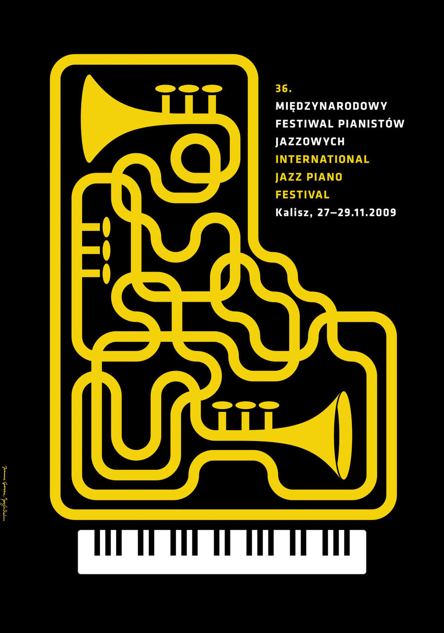Yellow abstract trumpet design intertwined over a piano keyboard on a black background, representing a jazz festival.