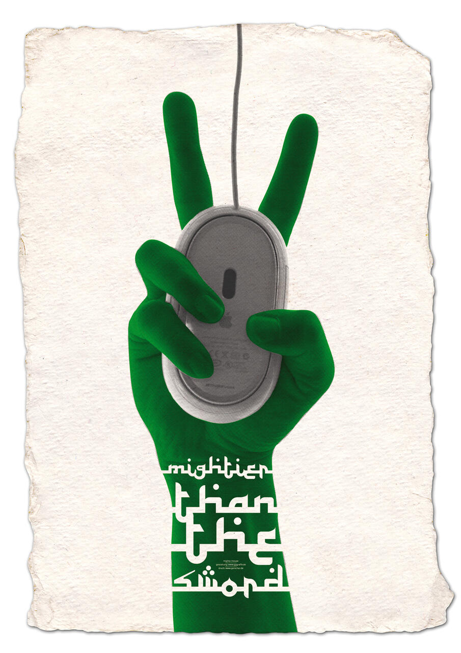 Green hand holding a computer mouse, forming a peace sign. The text "mightier than the sword" is integrated into the arm. Background is textured, worn paper.