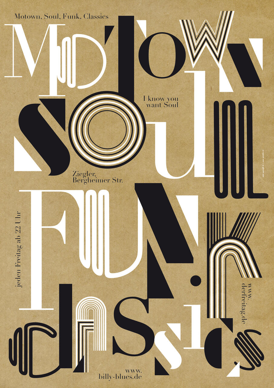 Stylized text poster with "Motown Soul Funk Classics" in bold, geometric typography on a brown background, featuring various font sizes and line textures.