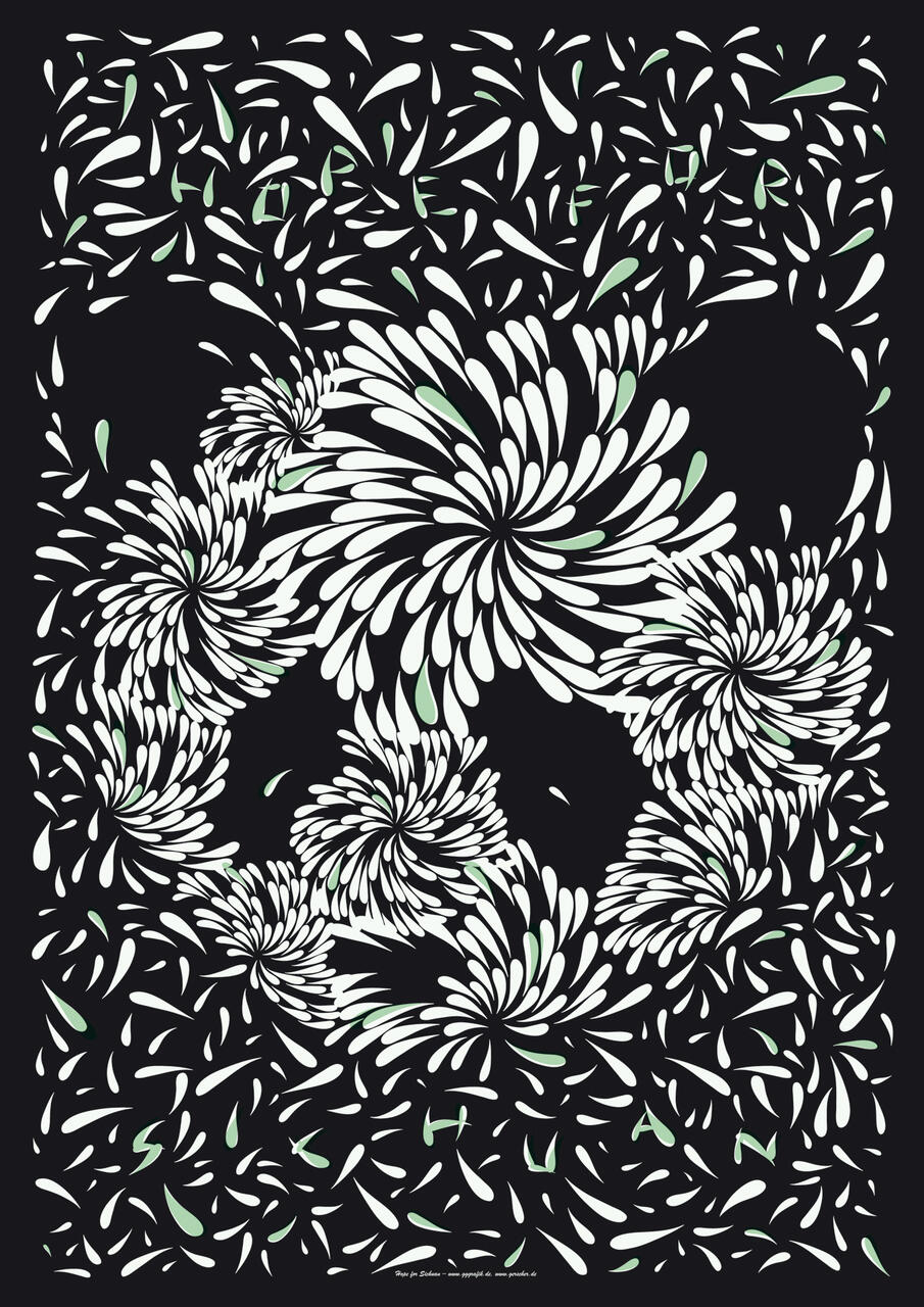 Abstract graphic with white floral patterns on a black background, featuring swirling, petal-like shapes. Subtle greenish accents add contrast.