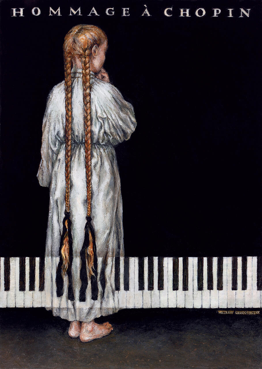 A girl with long braided hair, wearing a flowing dress, stands barefoot facing a black wall with a large keyboard pattern at the bottom.