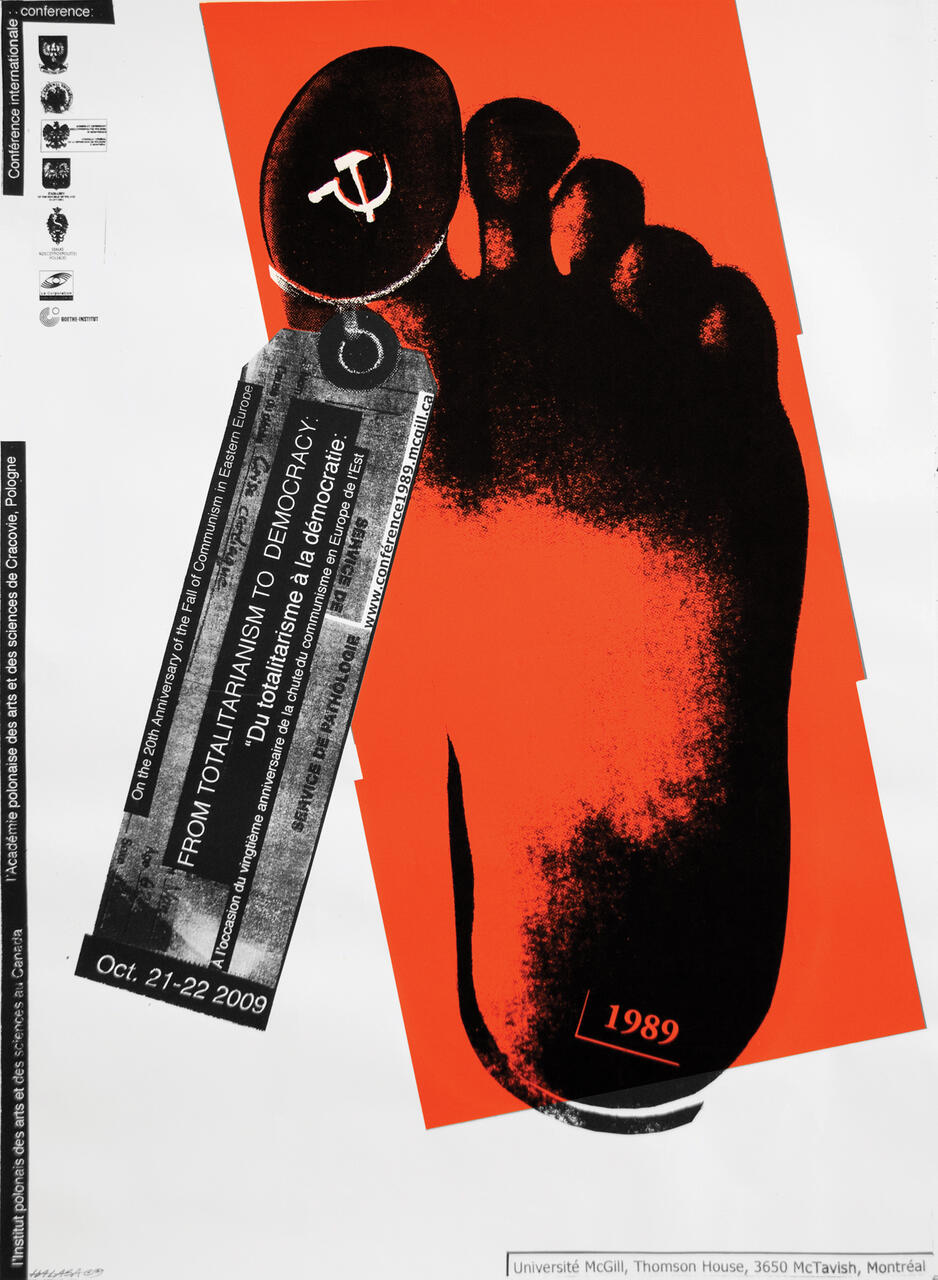 Black-red graphic of a foot with a tag showing a hammer and sickle symbol. The tag reads "1989," and includes event details for a conference discussing the fall of communism in Eastern Europe.
