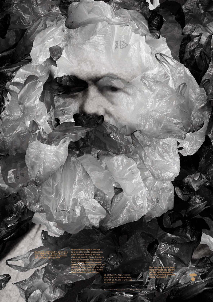 A face partially obscured by layers of crumpled black and white plastic bags, creating a textured pattern.