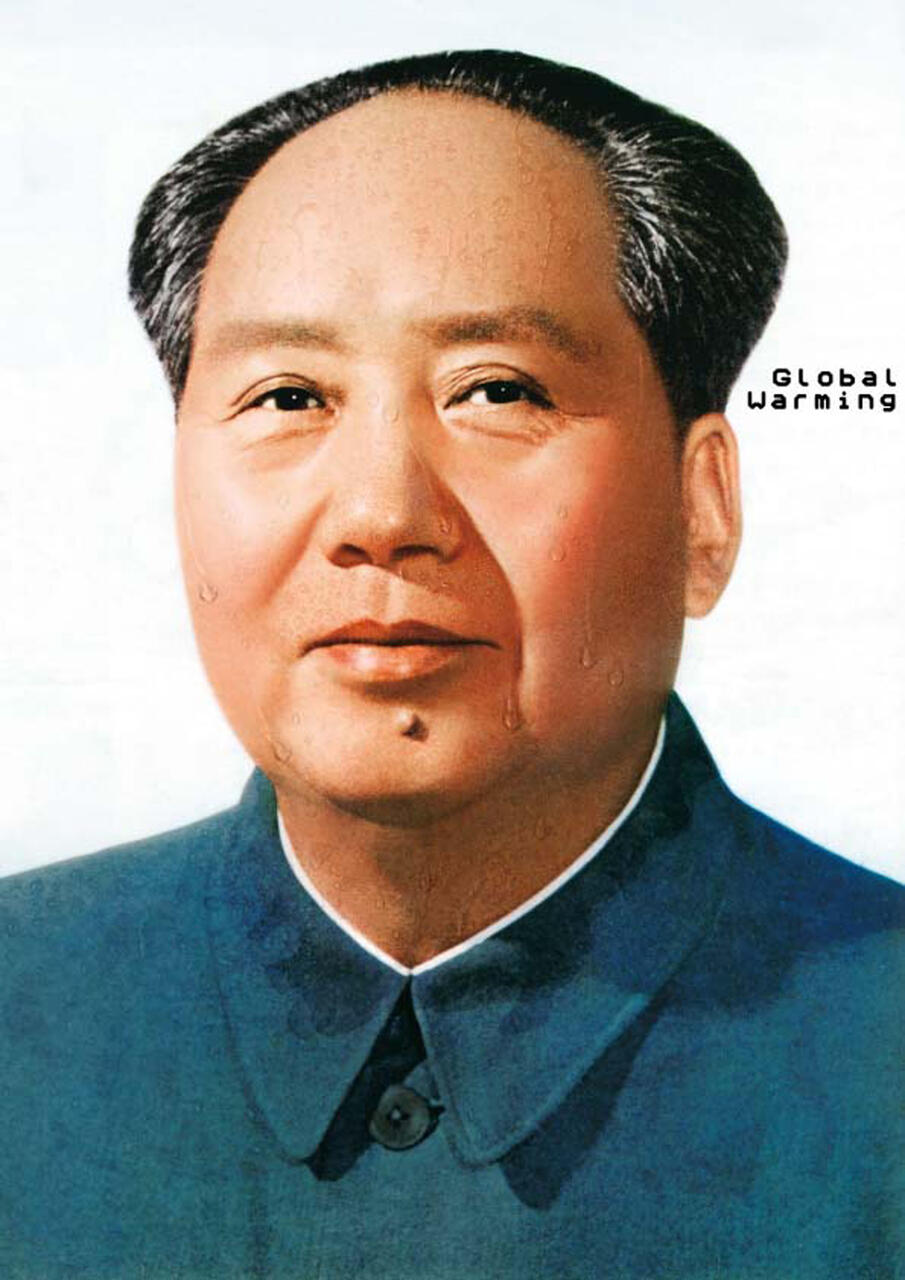 Portrait of a man with short dark hair and a buttoned blue jacket, showing droplets on his face. The background is light, and the words "Global Warming" are written in the top right.