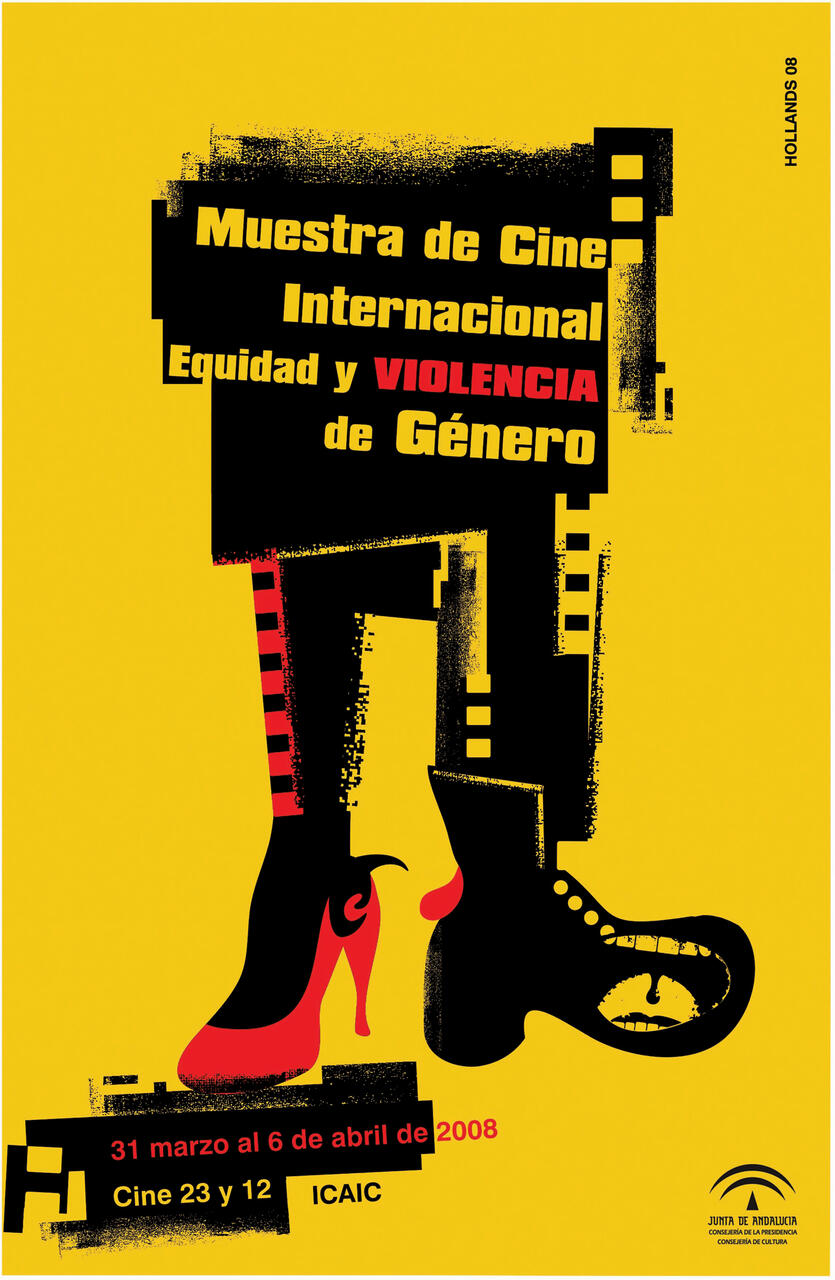 Poster for a film festival on gender equity and violence, featuring bold text with a design of a red high heel and black boot against a yellow background. Dates and venue details are included.