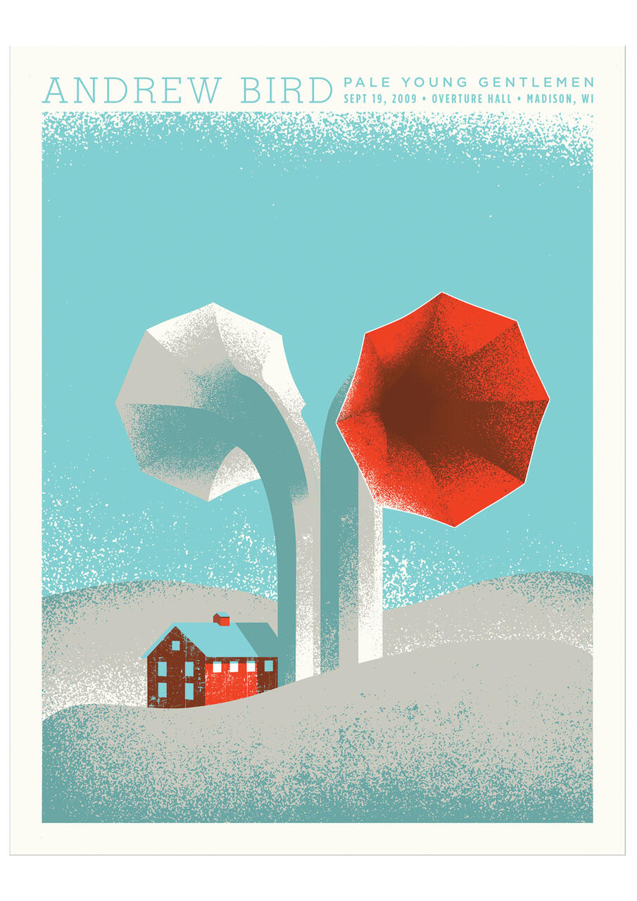 A stylized graphic depicting a red house in a hilly landscape with oversized abstract phonograph horns, one red and one gray, against a blue sky.