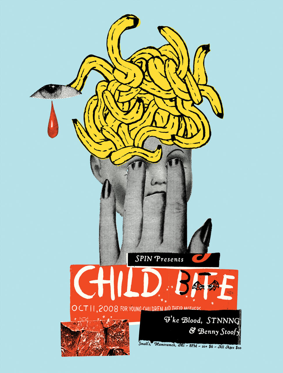Surreal artwork featuring a monochrome child with noodles on their head and fingers over their eyes. A red teardrop falls from an adjacent eye. Below, a red and black event promotion design contrasts the blue background.