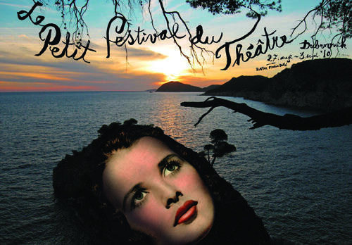 A woman's face with dramatic makeup overlays a scenic ocean sunset, with handwritten text above. Cliffside trees frame the scene, creating a theatrical atmosphere.