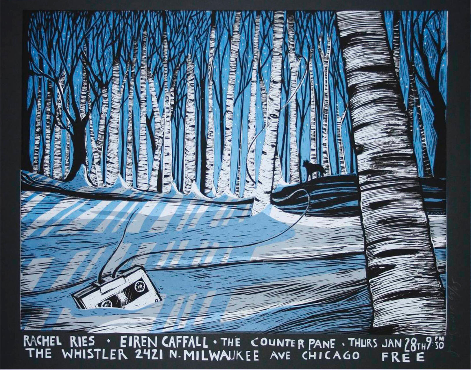 Stylized graphic showing a forest of tall, white birch trees with blue shadows. A cassette tape is partially buried in the snow in the foreground. A lone wolf stands in the background, silhouetted against the trees.