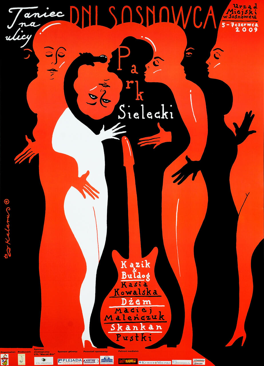 Stylized graphic poster with abstract human figures in orange and black, featuring a guitar shape in the center with text inside. The background is predominantly black with decorative red elements.