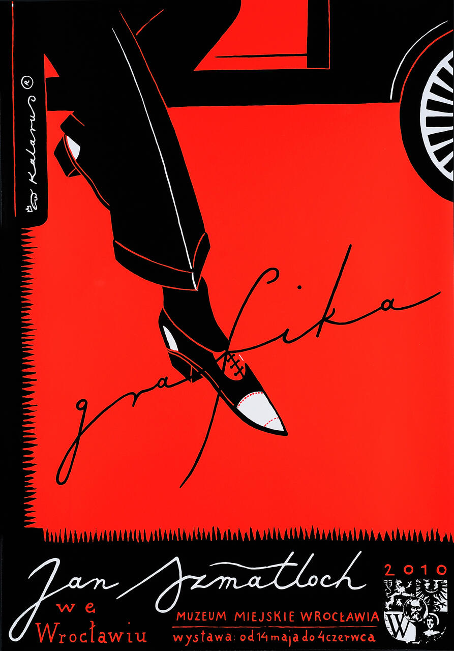 A stylized graphic poster with black and white illustration of a crossed leg in formal attire against a red background. The shoe has a distinct design, and a partially visible car wheel is in the corner. Text and handwritten script are creatively integrated.